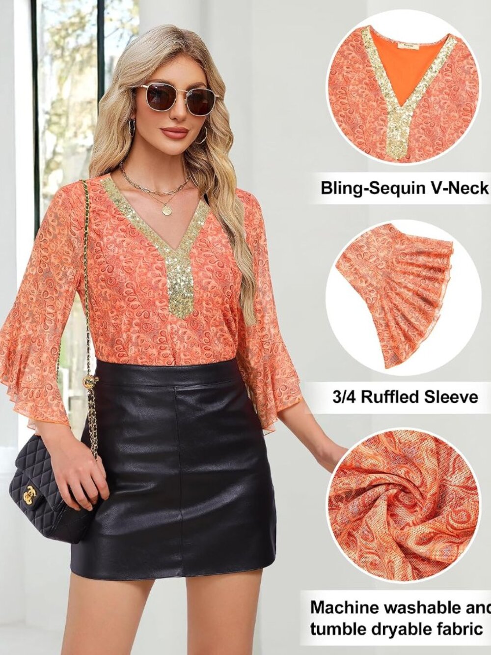 Women's Ruffle 3/4 Sleeve Sparkly Tops Sequin V Neck Blouses Dressy Fall Shirts - Picture 7 of 7